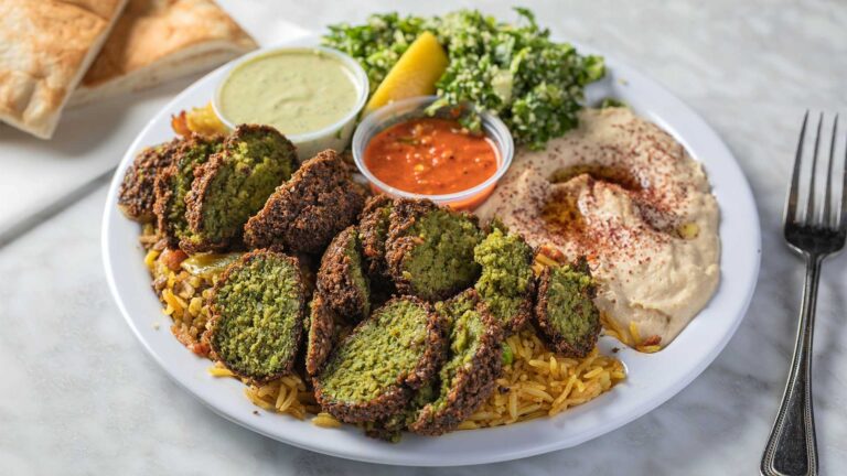 A close-up of our Vegan Combination: 3 pieces of falafel cut on top of your choice of (curry rice or lentils) sides of hummus, tabuli, tahini sauce, hot sauce and a pita.