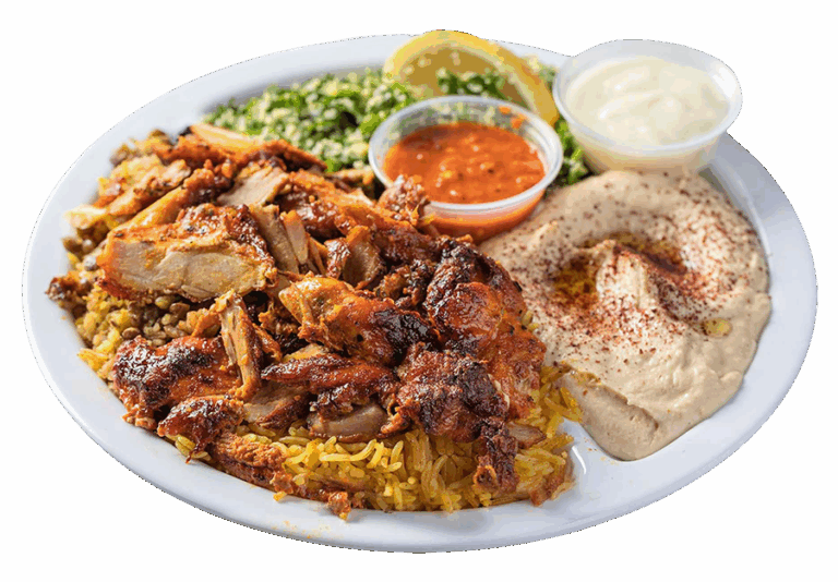 Chicken Shawarma Dinner from Sultan's Market: Which Consist in a Marinated spit roasted boneless chicken with a side of garlic sauce.