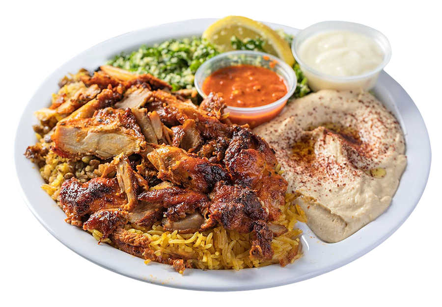 Chicken Shawarma Dinner from Sultan's Market: Which Consist in a Marinated spit roasted boneless chicken with a side of garlic sauce.