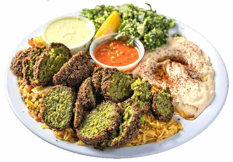 Falafel Dinner or Vegan Combination: Consist in 3 pieces of falafel cut on top of your choice of (curry rice or lentils) sides of hummus, tabuli, tahini sauce, hot sauce and a pita.