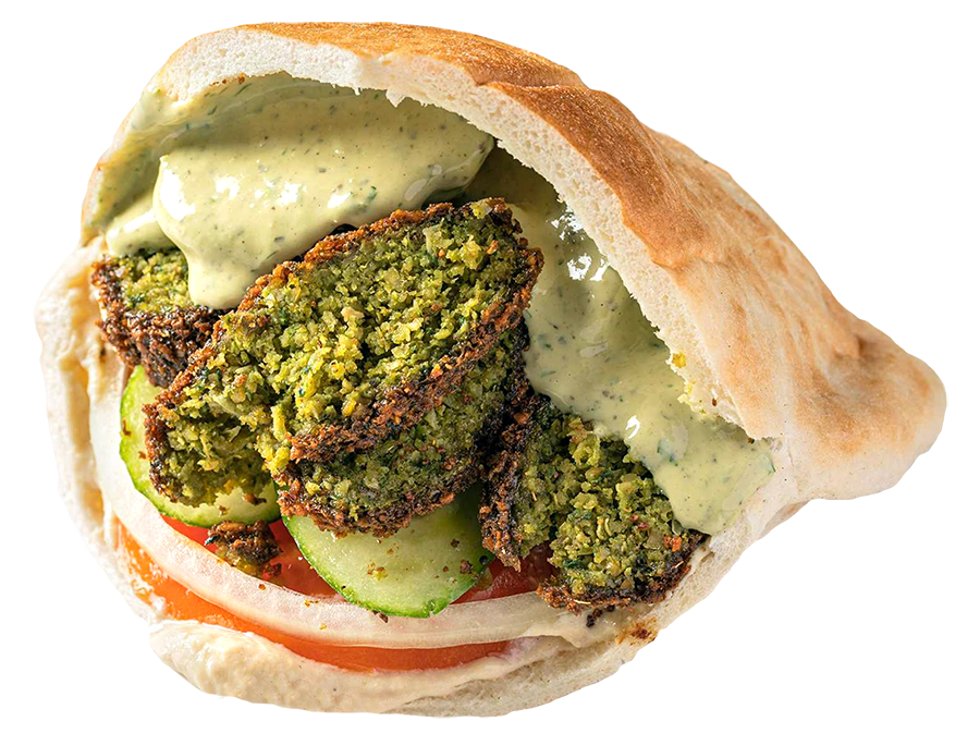 Falafel Sandwich: A warm pita lined with hummus, stuffed with falafel, cucumbers, tomato, onion and tahini sauce. Vegan