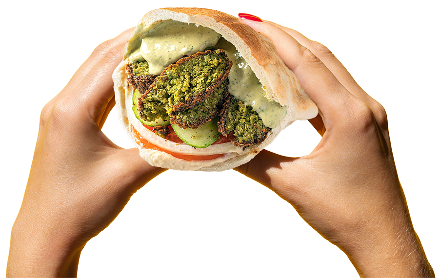 Hands holding a Falafel Sandwich from Sultan's Market. Chicago's Best Falafel