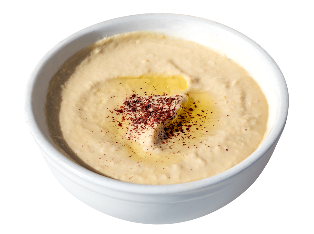A smooth blend of chickpeas, tahini, olive oil, garlic, lemon juice, and sea salt, topped with olive oil and served with pita.