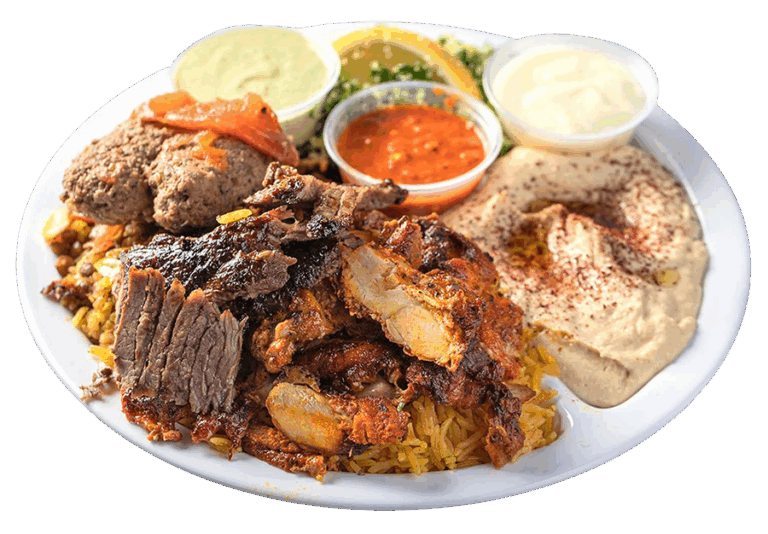 Meat Combo: Lamb Shawarma, Chicken Shawarma and kefta kabob with a side of garlic and tahini sauce.
