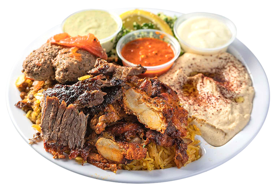 Meat Combo: Lamb Shawarma, Chicken Shawarma and kefta kabob with a side of garlic and tahini sauce.