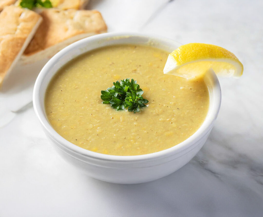 Vegan and gluten-free Middle Eastern lentil soup from Sultan’s Market. Hearty red lentils simmered with red bell peppers, onions, and spices.