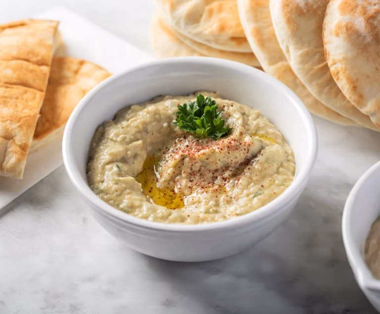 Sultan’s Market Pilsen Authentic Baba Ganuj: Smoky roasted eggplant dip with tahini and garlic, served fresh on 18th Street near Thalia Hall.
