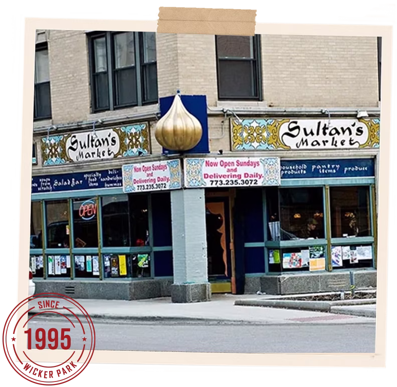 Sultan’s Market original Wicker Park location in Chicago, serving Middle Eastern and Mediterranean food since 1995.