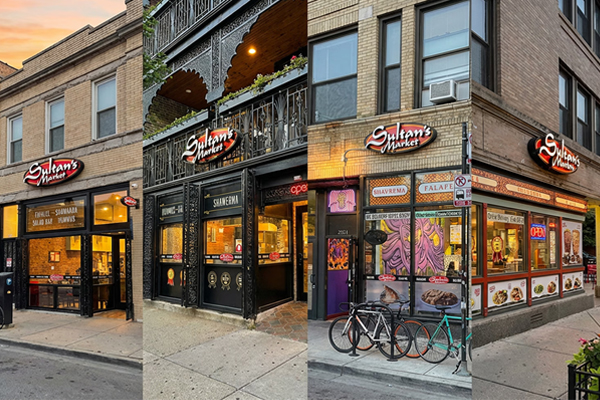 Collage showing the storefront exteriors of Sultan's Market locations in Chicago: Pilsen, Logan Square, Lincoln Park, and the original Wicker Park